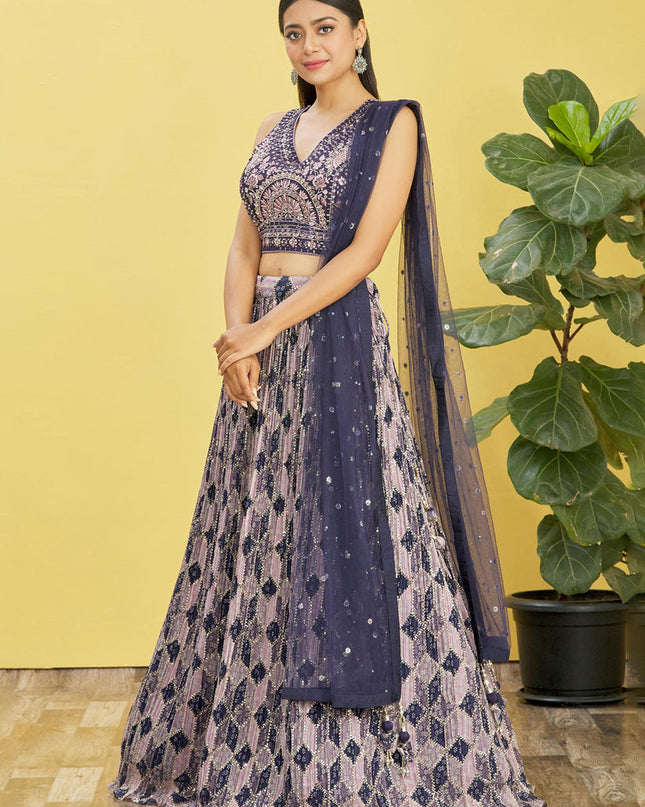 Navy Blue Chinnon Designer Lehenga Choli Set