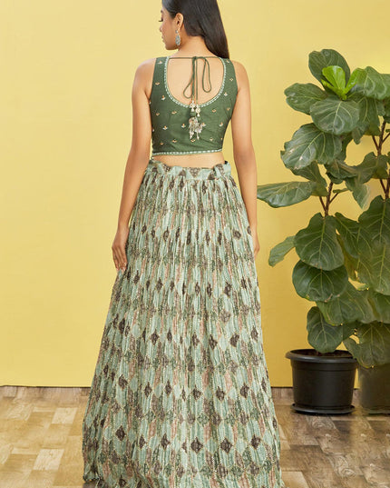 Olive Green Chinnon Designer Lehenga Choli Set