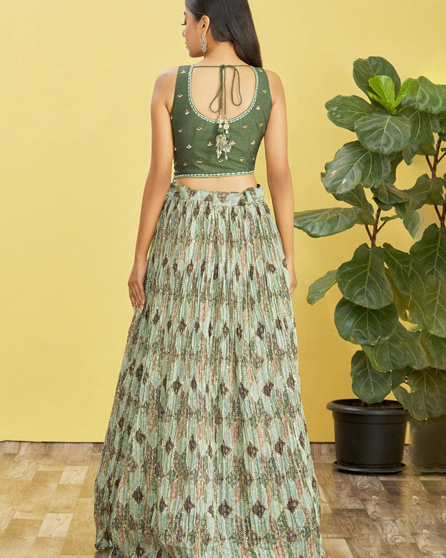 Olive Green Chinnon Designer Lehenga Choli Set