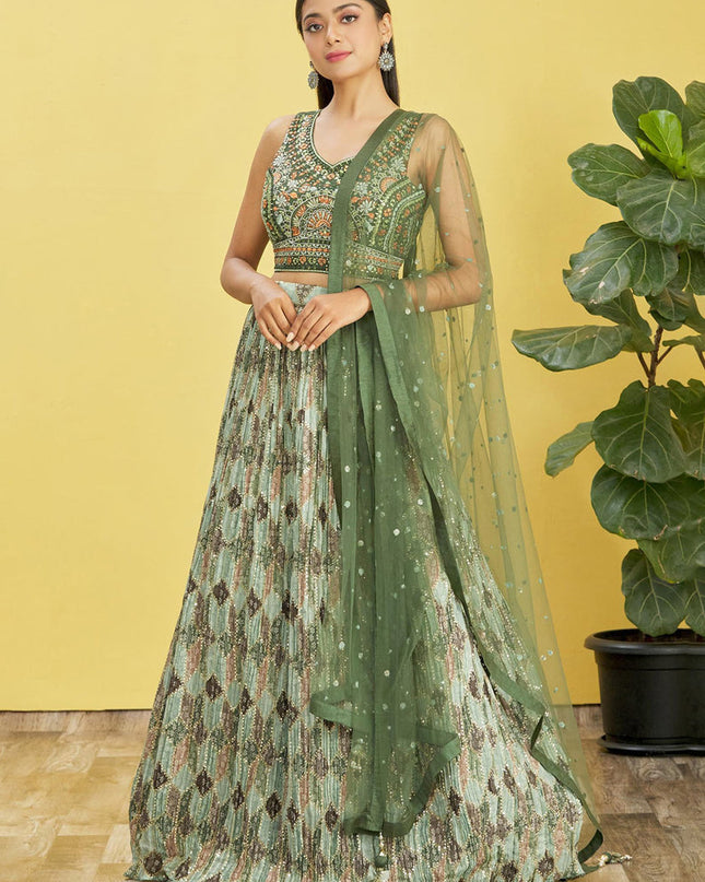 Olive Green Chinnon Designer Lehenga Choli Set