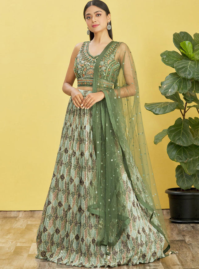 Olive Green Chinnon Designer Lehenga Choli Set