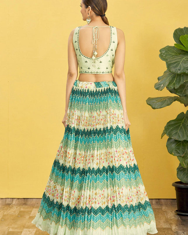 Rama Green Chinnon Designer Lehenga Choli Set