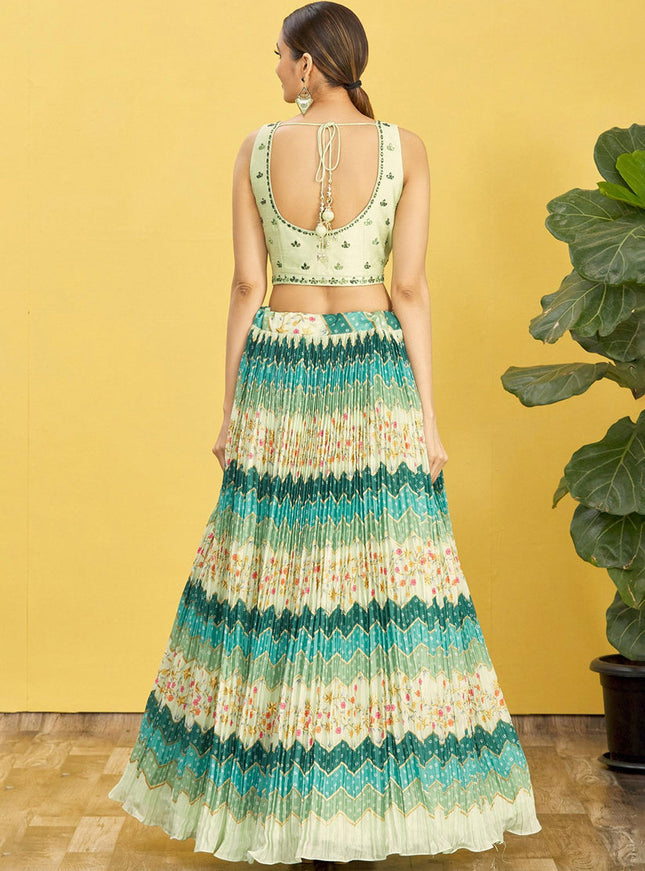 Rama Green Chinnon Designer Lehenga Choli Set