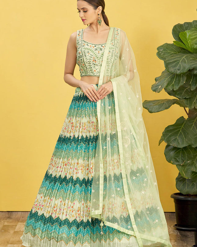 Rama Green Chinnon Designer Lehenga Choli Set