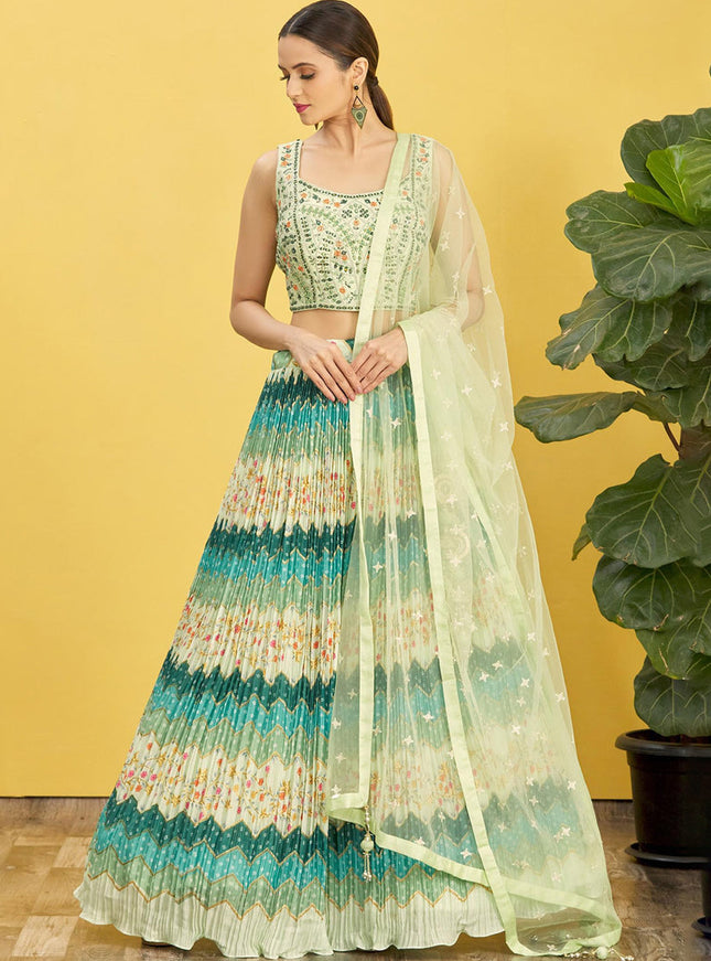 Rama Green Chinnon Designer Lehenga Choli Set