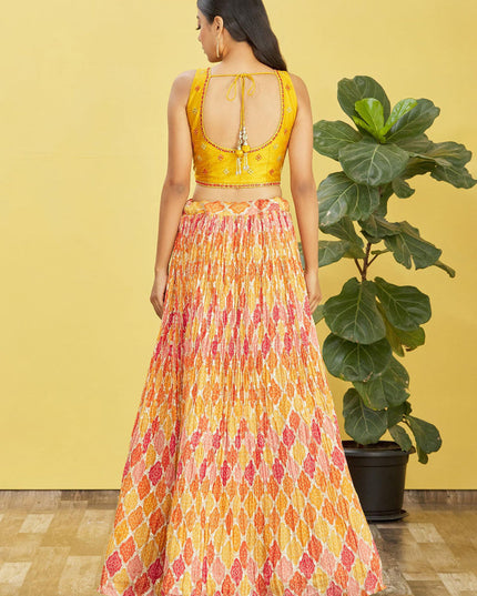 Golden Yellow Chinnon Designer Lehenga Choli Set