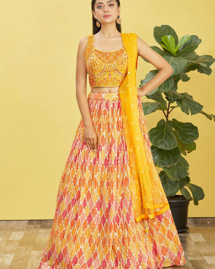 Golden Yellow Chinnon Designer Lehenga Choli Set