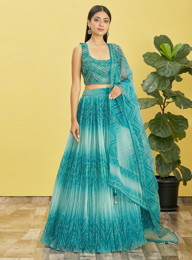 Sky Blue Organza Designer Lehenga Choli Set