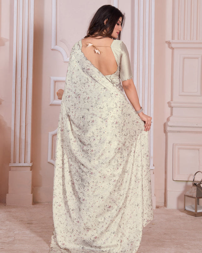 Cream Pure Satin Georgette Party Wear Saree