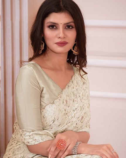 Cream Pure Satin Georgette Party Wear Saree