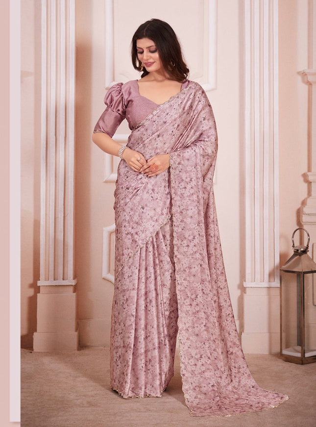 Dusty Pink Pure Satin Georgette Party Wear Saree