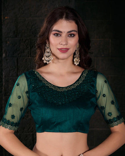 Bottle Green Pure Satin Chiffon Party Wear Saree