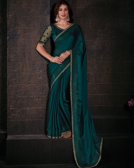 Bottle Green Pure Satin Chiffon Party Wear Saree