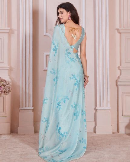 Sky Blue Pure Satin Georgette Party Wear Saree