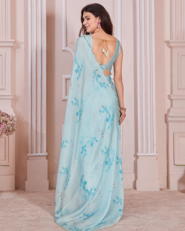 Sky Blue Pure Satin Georgette Party Wear Saree
