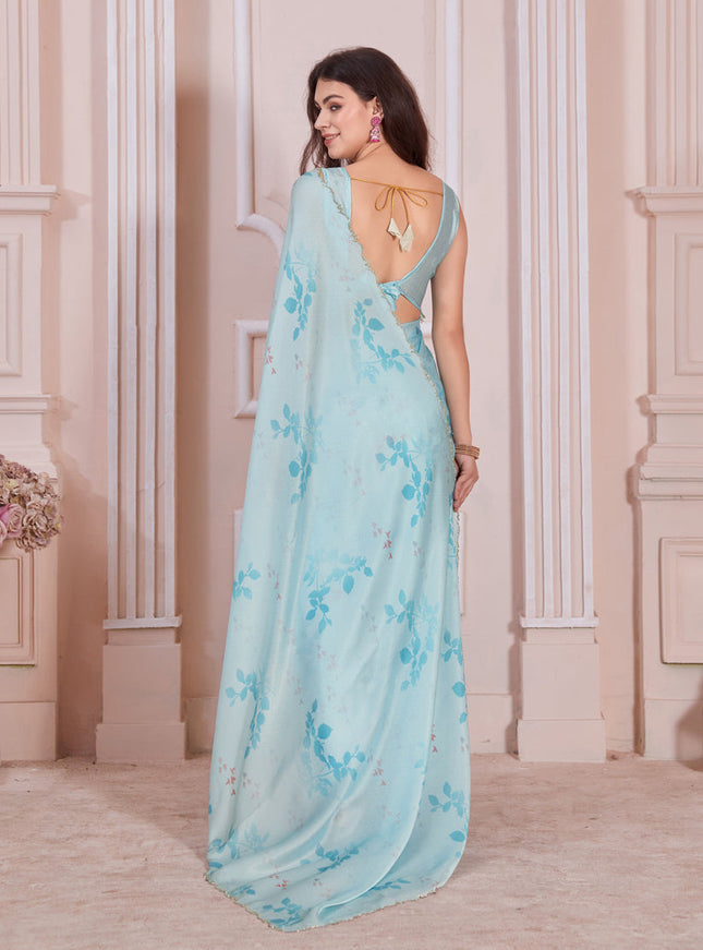 Sky Blue Pure Satin Georgette Party Wear Saree
