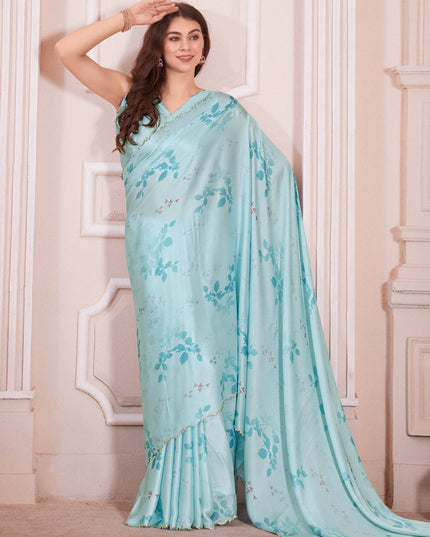 Sky Blue Pure Satin Georgette Party Wear Saree