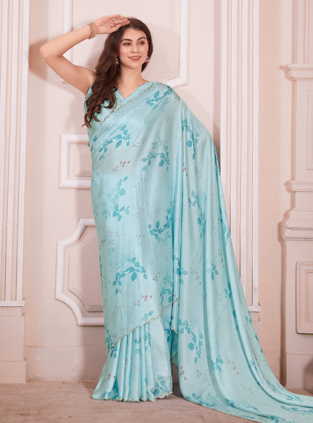 Sky Blue Pure Satin Georgette Party Wear Saree