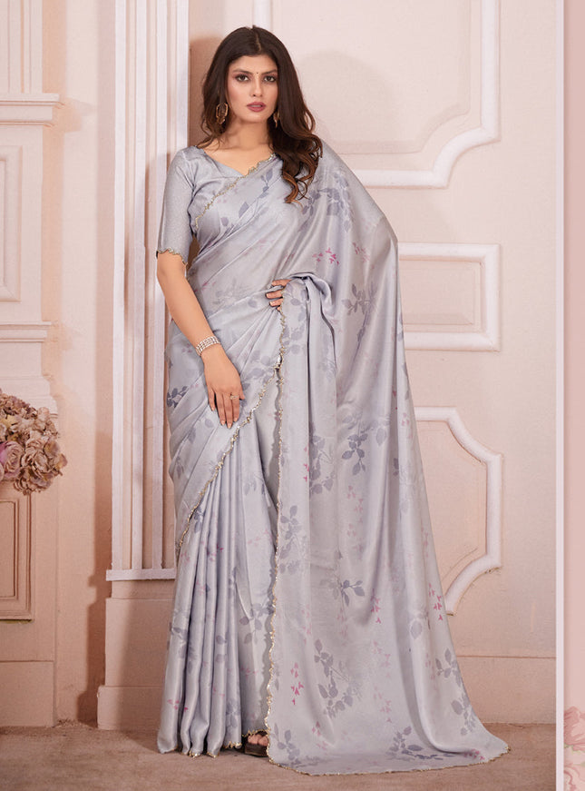 Grey Pure Satin Georgette Party Wear Saree