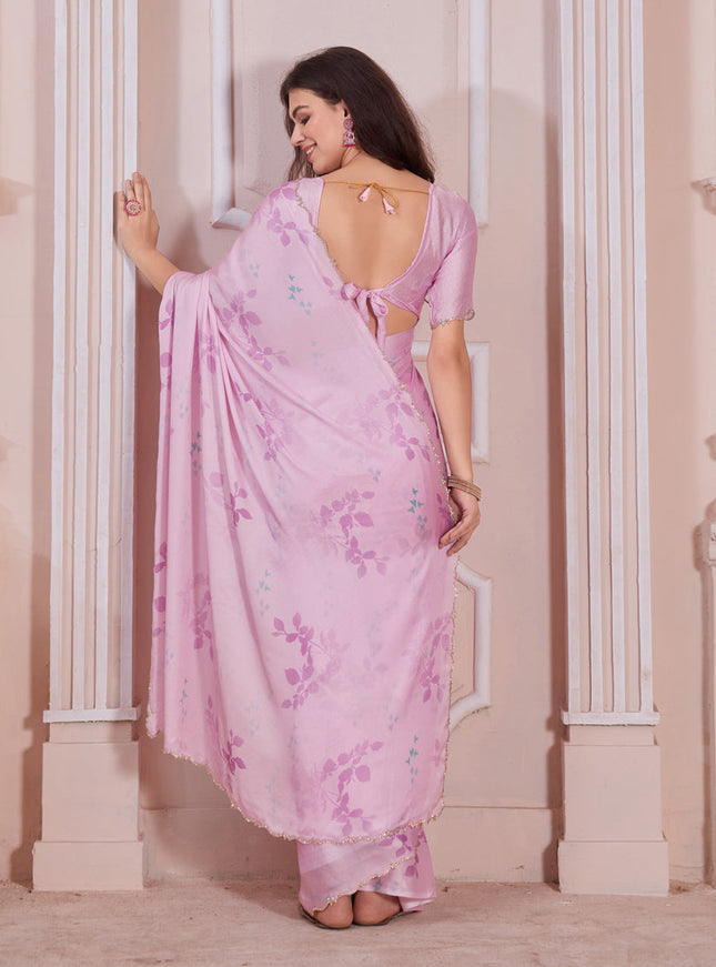 Rose Pink Pure Satin Georgette Party Wear Saree