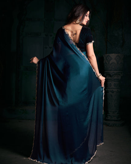 Teal Blue Pure Satin Chiffon Party Wear Saree