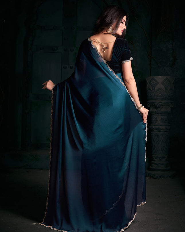 Teal Blue Pure Satin Chiffon Party Wear Saree