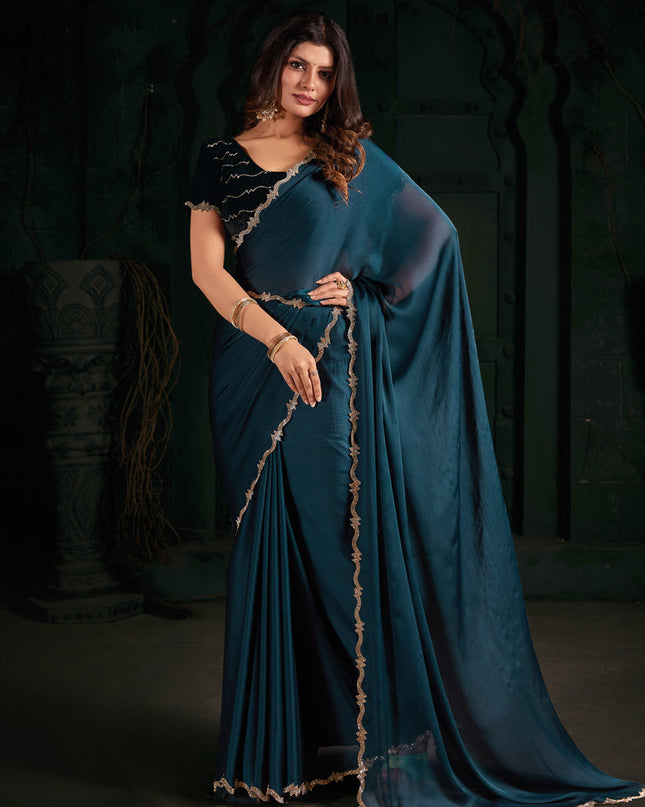 Teal Blue Pure Satin Chiffon Party Wear Saree