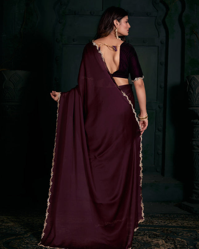 Wine Pure Satin Chiffon Party Wear Saree