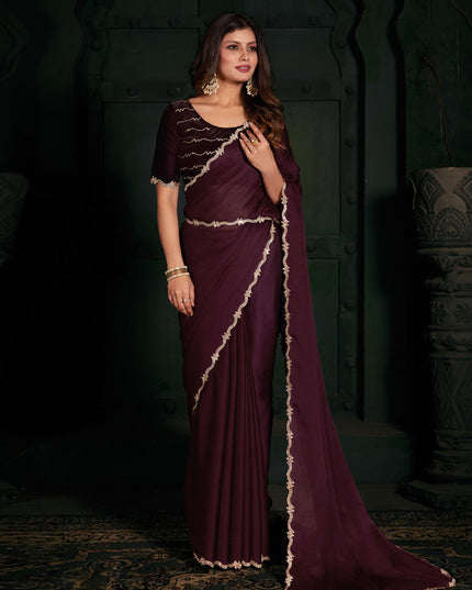 Wine Pure Satin Chiffon Party Wear Saree