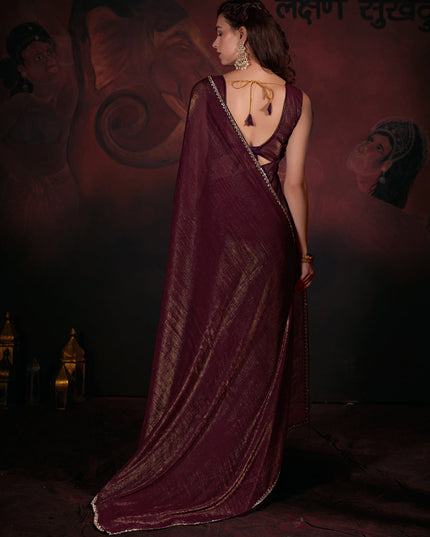 Coffee Brown Embellished Crushed Zari Fabric Saree