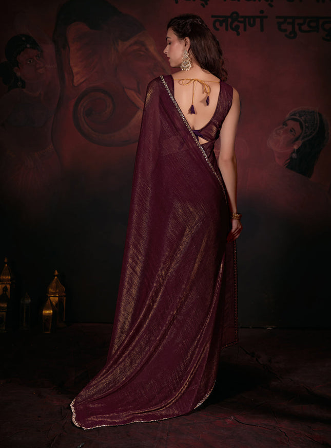 Coffee Brown Embellished Crushed Zari Fabric Saree