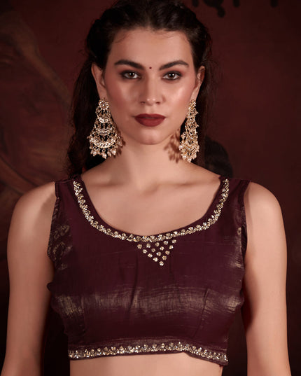 Coffee Brown Embellished Crushed Zari Fabric Saree