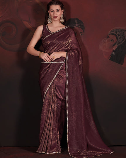 Coffee Brown Embellished Crushed Zari Fabric Saree