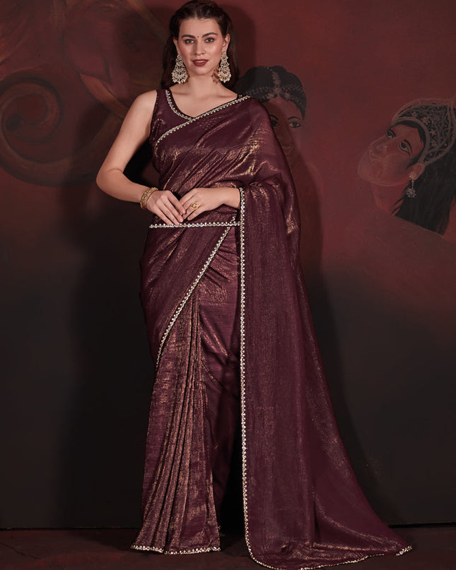 Coffee Brown Embellished Crushed Zari Fabric Saree