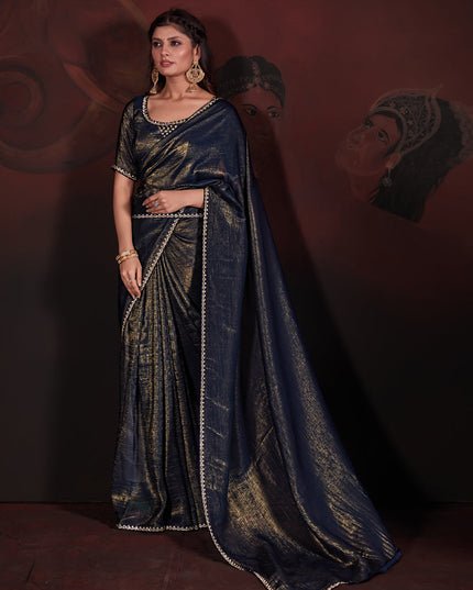 Midnight Blue Embellished Crushed Zari Fabric Saree