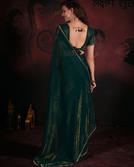 Pine Green Embellished Crushed Zari Fabric Saree