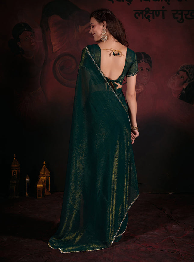 Pine Green Embellished Crushed Zari Fabric Saree