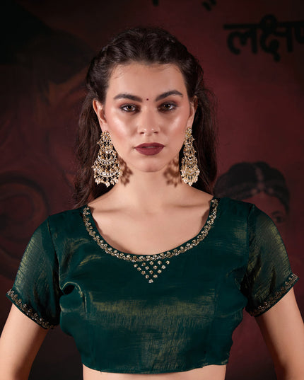 Pine Green Embellished Crushed Zari Fabric Saree