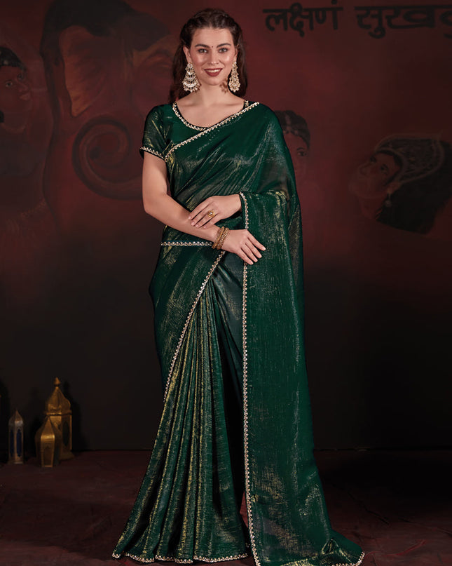 Pine Green Embellished Crushed Zari Fabric Saree