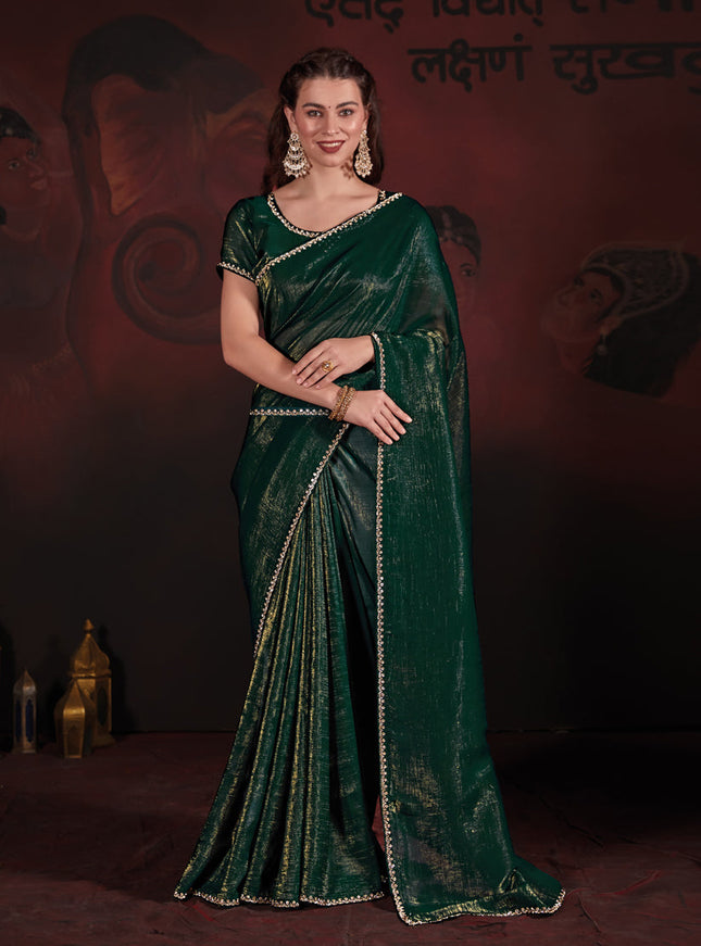 Pine Green Embellished Crushed Zari Fabric Saree