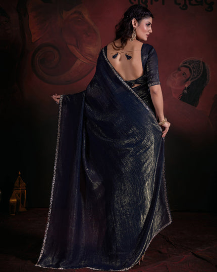 Peacock Blue Embellished Crushed Effect Zari Fabric Saree