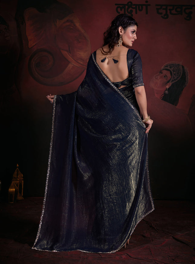 Peacock Blue Embellished Crushed Effect Zari Fabric Saree