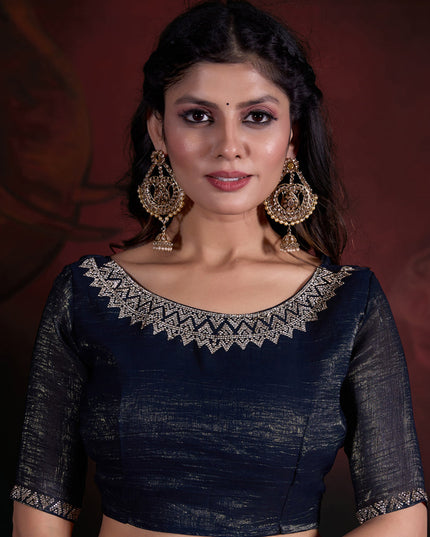 Peacock Blue Embellished Crushed Effect Zari Fabric Saree