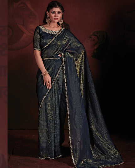 Peacock Blue Embellished Crushed Effect Zari Fabric Saree