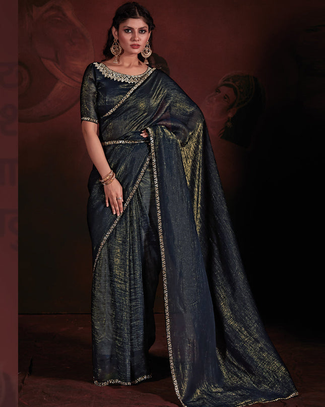 Peacock Blue Embellished Crushed Effect Zari Fabric Saree