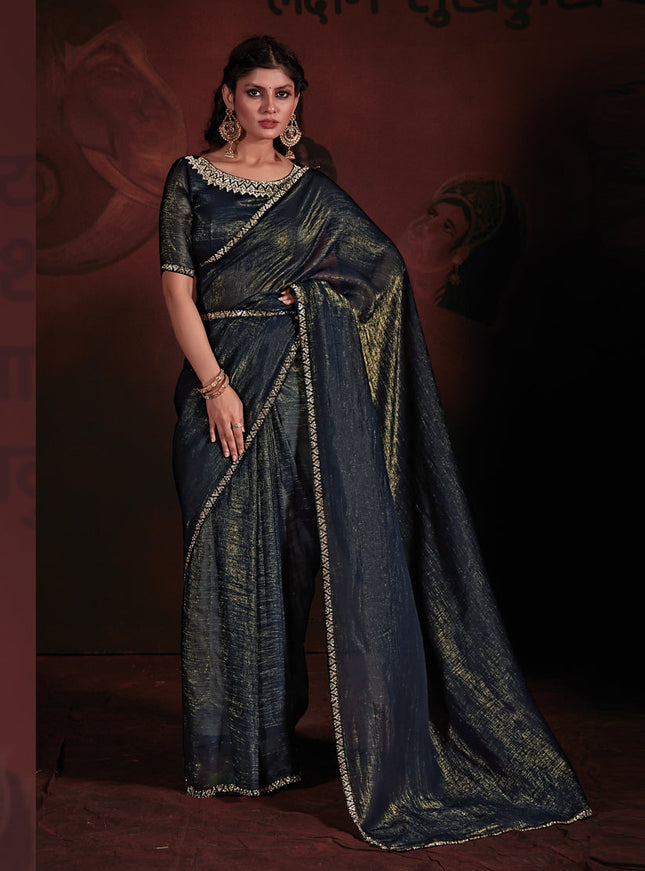 Peacock Blue Embellished Crushed Effect Zari Fabric Saree
