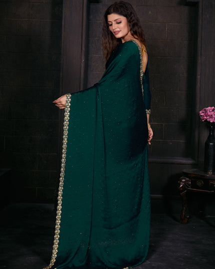 Rama Green Embellished Satin Georgette Saree