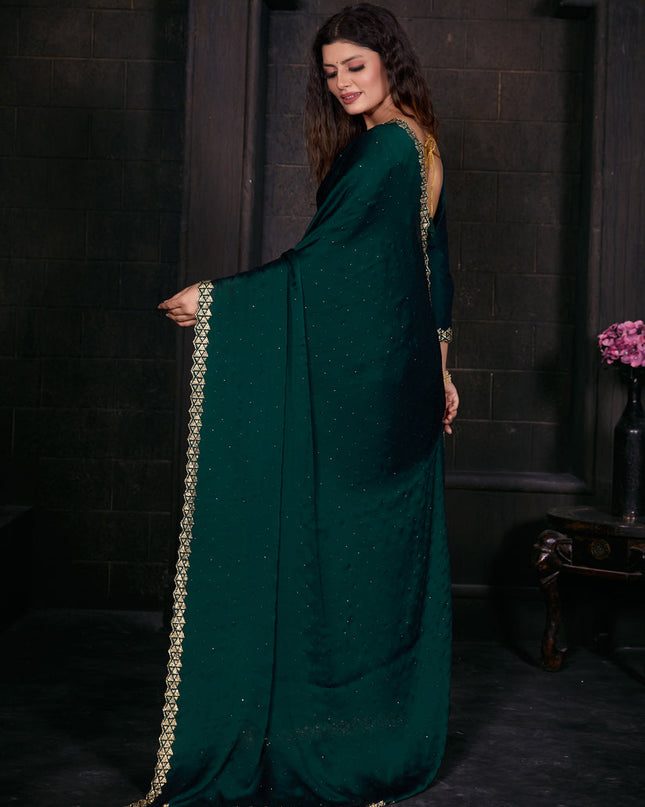 Rama Green Embellished Satin Georgette Saree