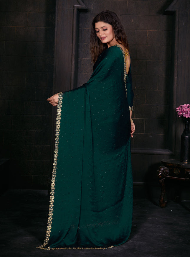 Rama Green Embellished Satin Georgette Saree