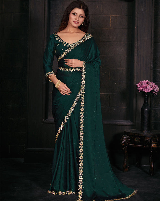 Rama Green Embellished Satin Georgette Saree